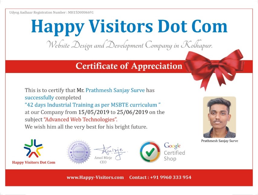 Advanced Web Technologies Internship Certificate by Happy Visitors Dot Com
