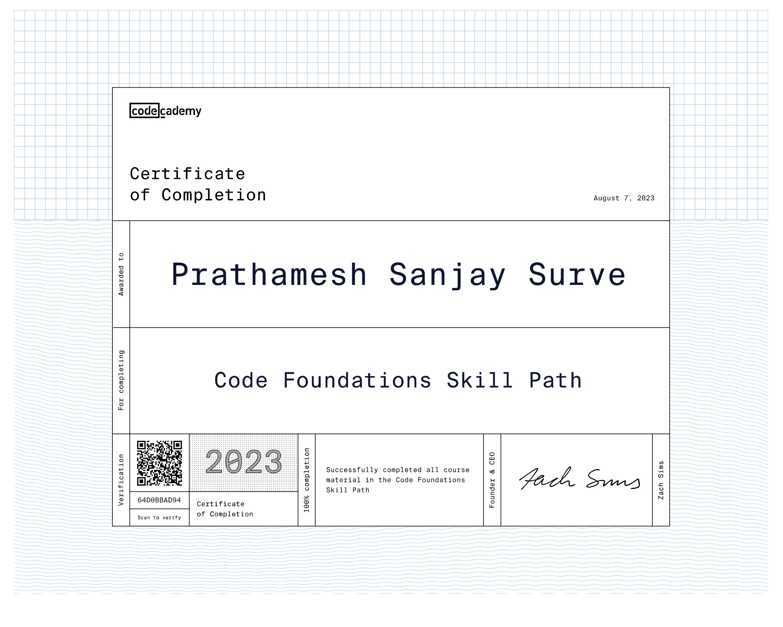 Code Foundations Skill Path Certificate by Codecademy