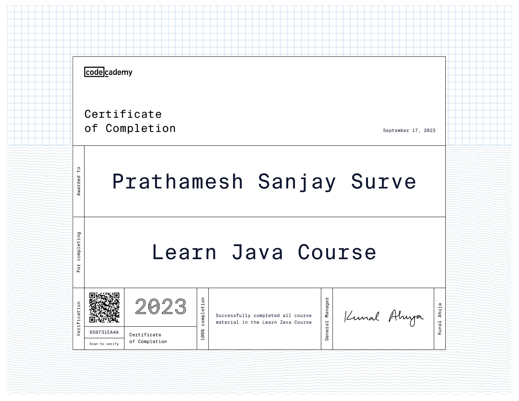 Learn Java Course Certificate by Codecademy
