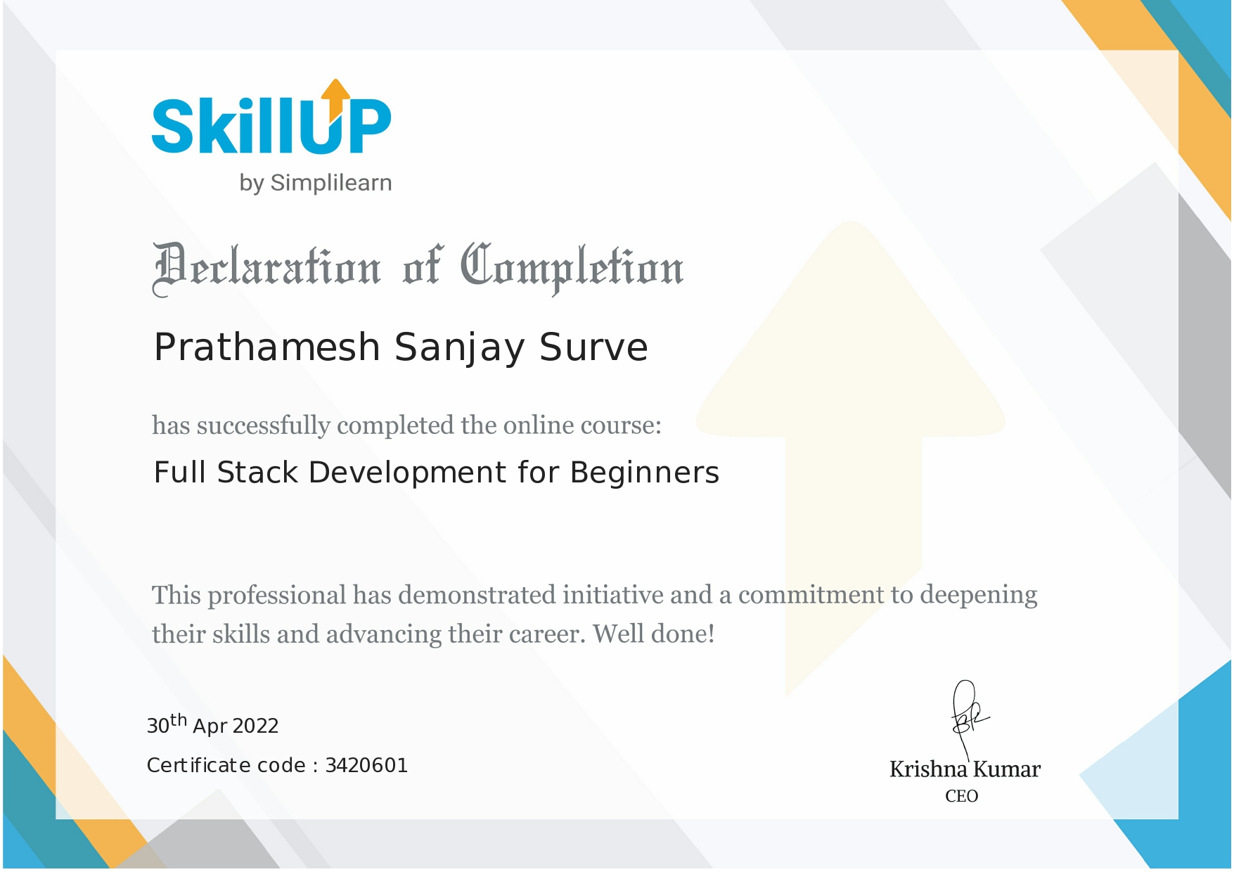 Full Stack Development for Beginners Certificate by Simplilearn